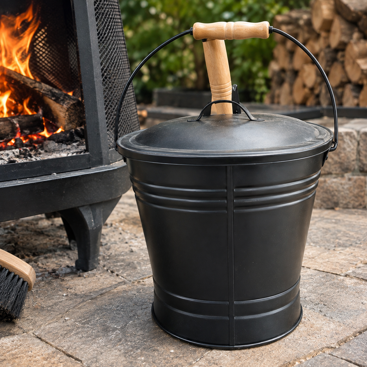 Iron Ash Bucket Set with Lid, Shovel, Brush & Gloves