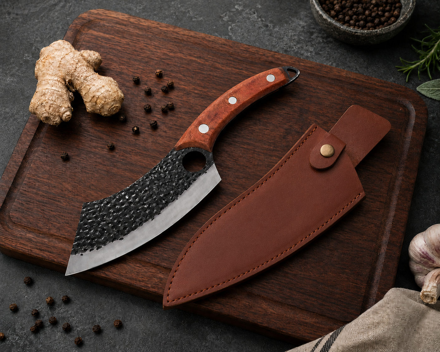 Hand-Forged Heavy Meat Cleaver Knife — Kitchen Butcher Cleaver with Leather Sheath