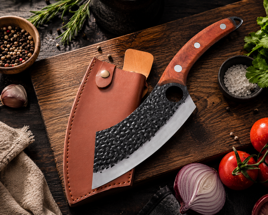 Hand-Forged Heavy Meat Cleaver Knife — Kitchen Butcher Cleaver with Leather Sheath