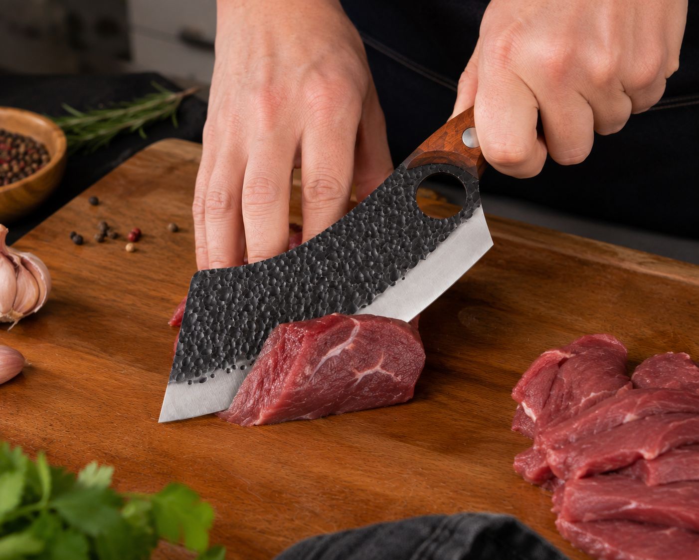Hand-Forged Heavy Meat Cleaver Knife — Kitchen Butcher Cleaver with Leather Sheath