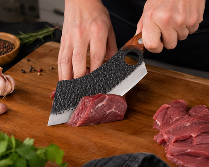 Hand-Forged Heavy Meat Cleaver Knife — Kitchen Butcher Cleaver with Leather Sheath