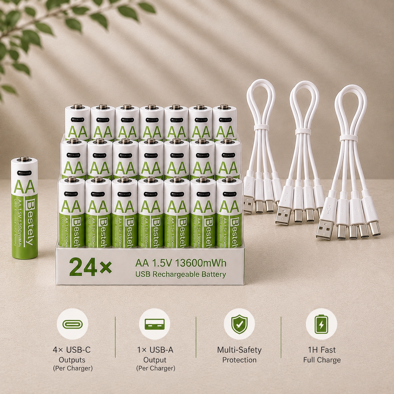 Rechargeable AA Batteries + USB-C Charger