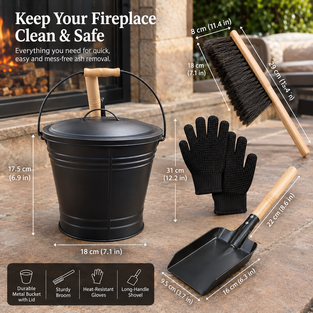 Iron Ash Bucket Set with Lid, Shovel, Brush & Gloves