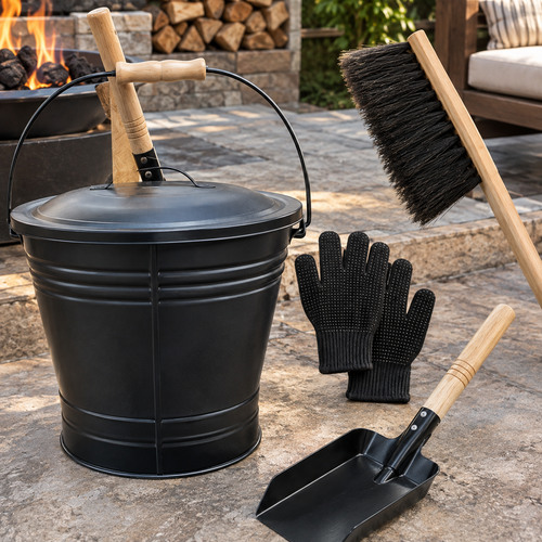 Iron Ash Bucket Set with Lid, Shovel, Brush & Gloves
