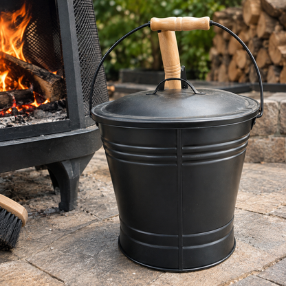Iron Ash Bucket Set with Lid, Shovel, Brush & Gloves