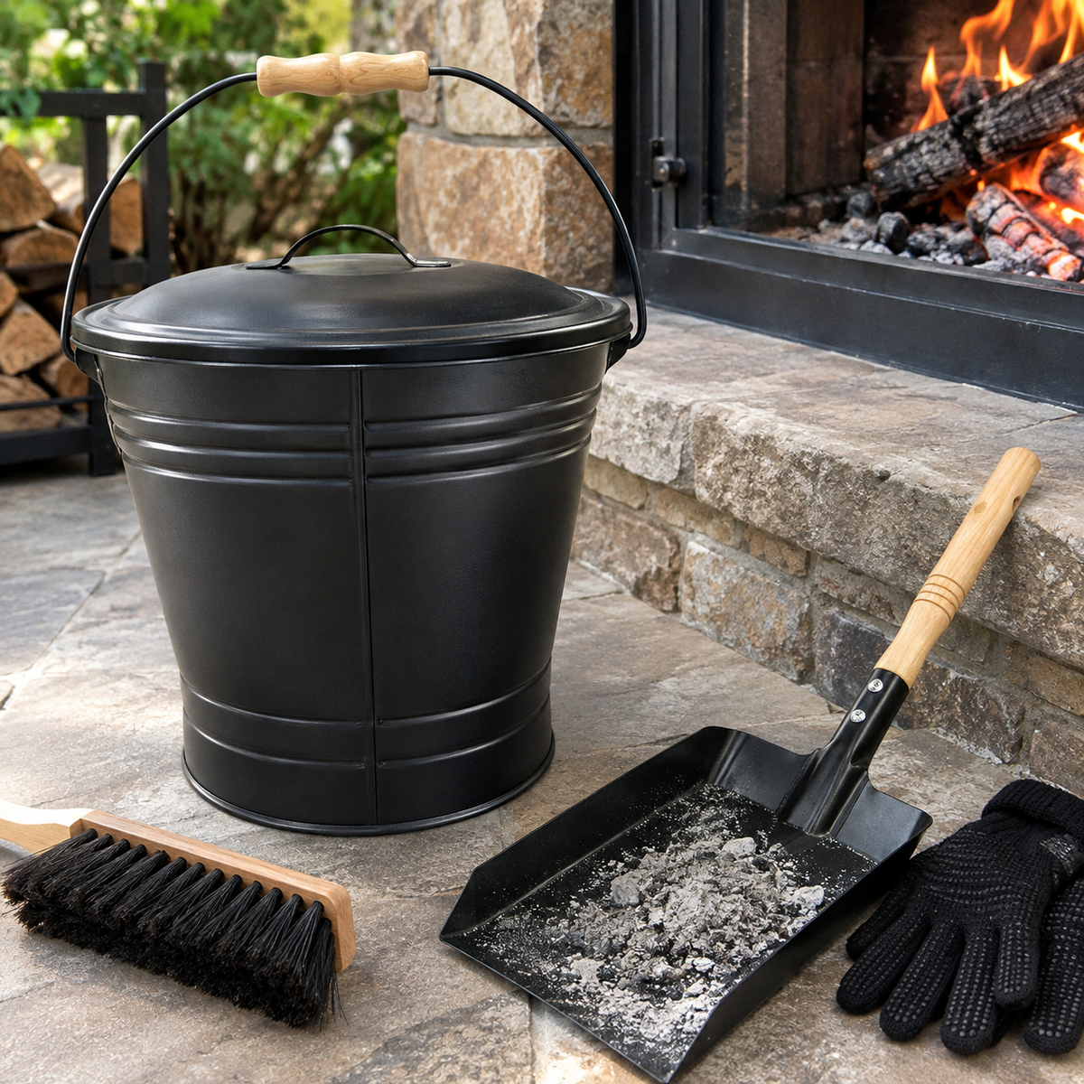 Iron Ash Bucket Set with Lid, Shovel, Brush & Gloves