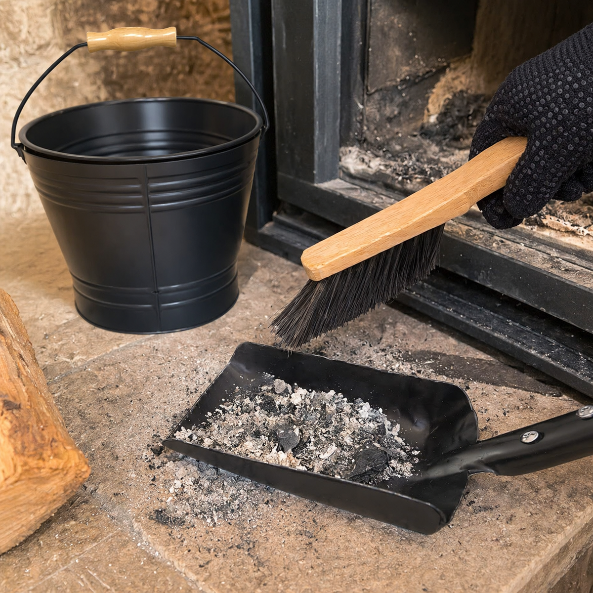 Iron Ash Bucket Set with Lid, Shovel, Brush & Gloves