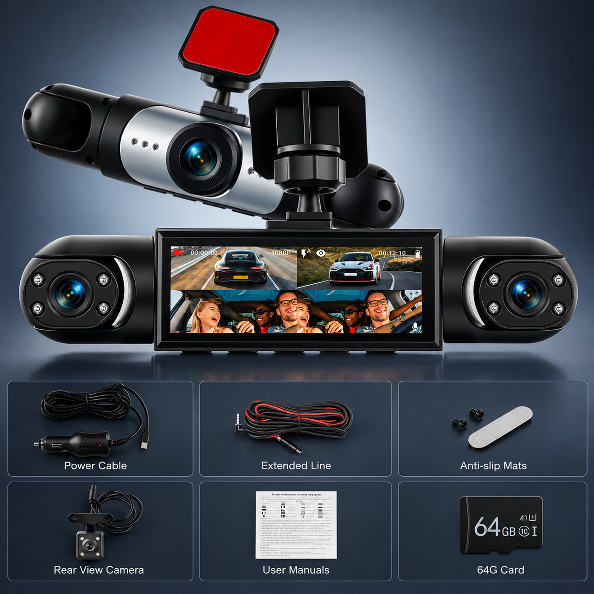 Multi-Lens Dash Cam with Rear Camera and 3.16" Screen