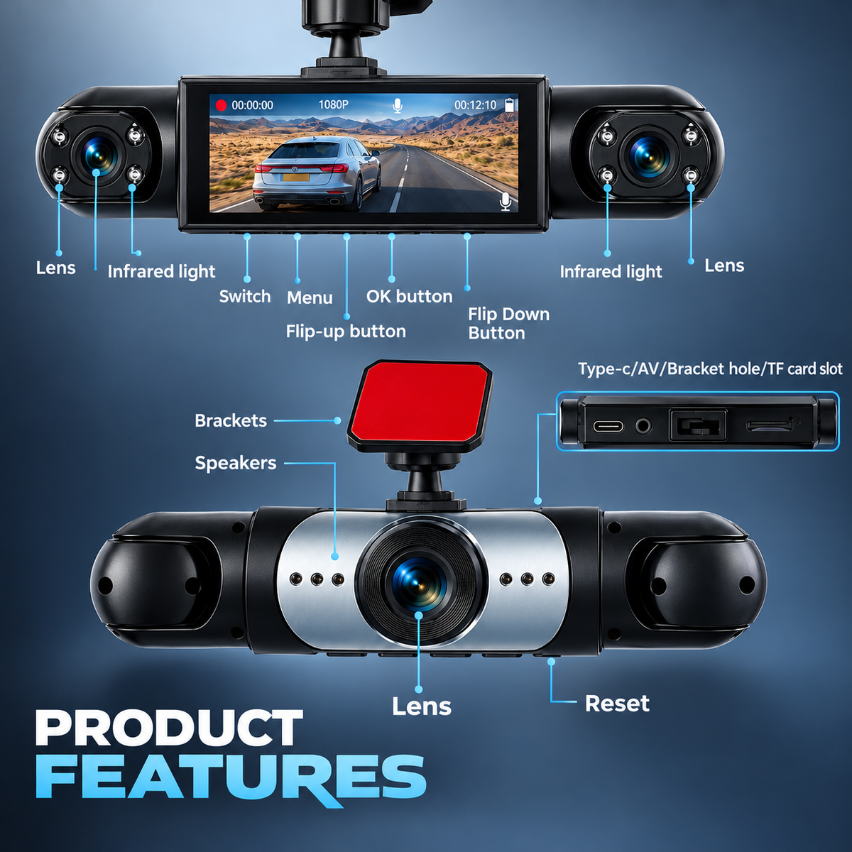 Multi-Lens Dash Cam with Rear Camera and 3.16" Screen