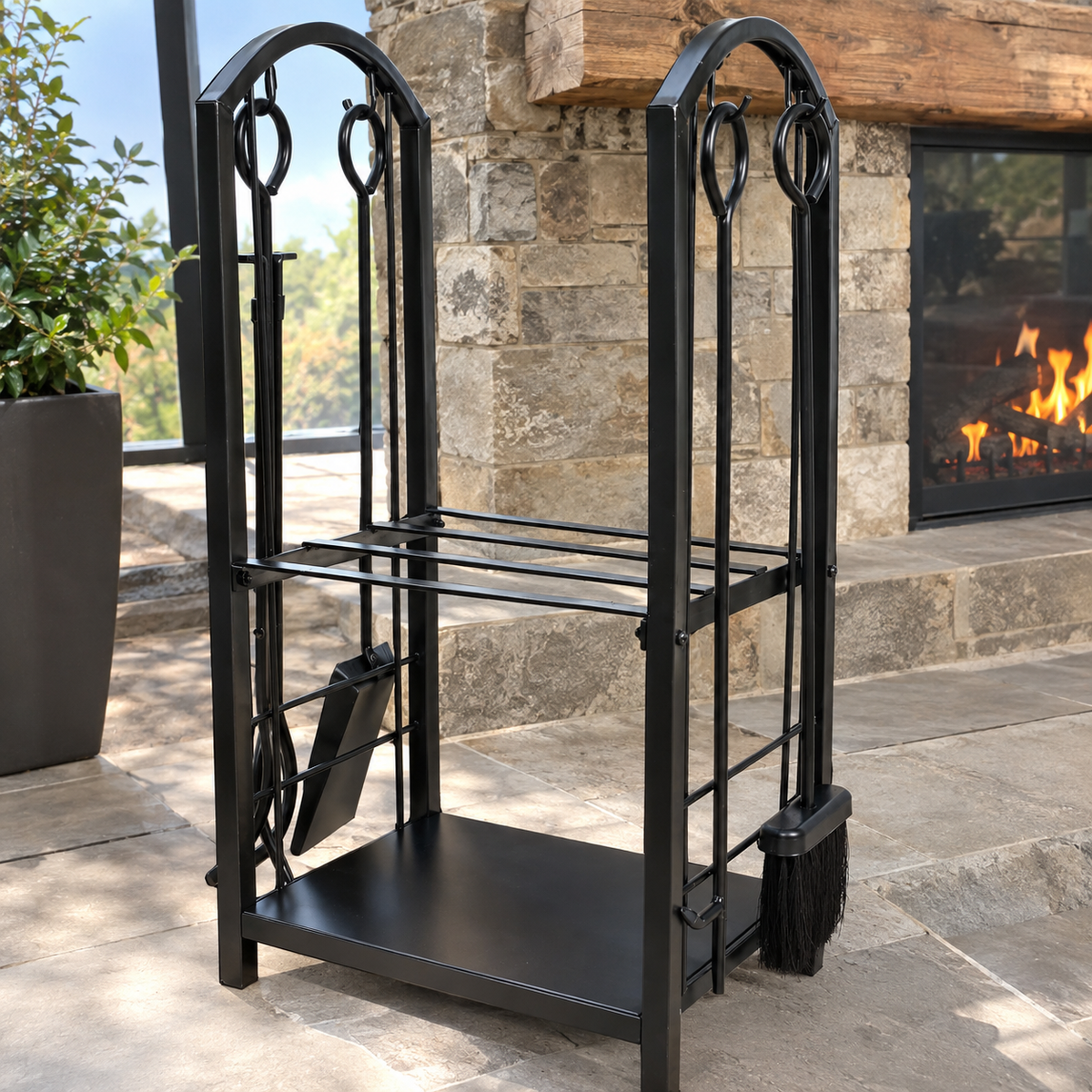 Iron Log Holder with 4-Piece Fireplace Tool Set