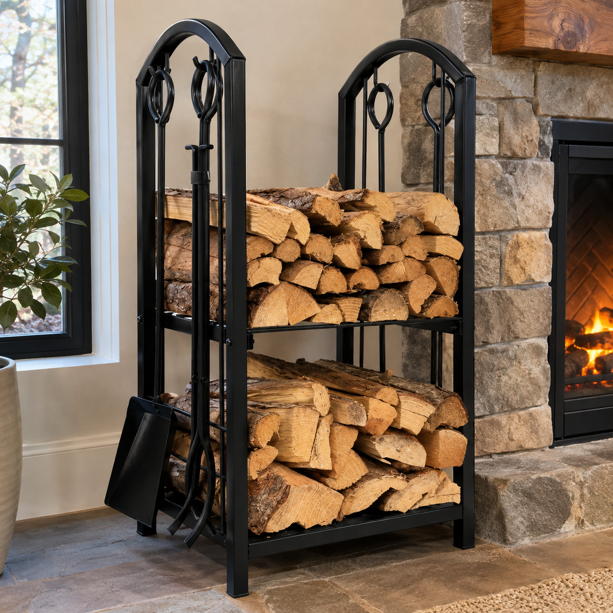Iron Log Holder with 4-Piece Fireplace Tool Set
