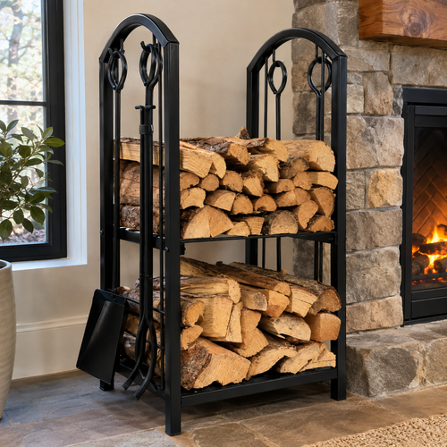 Iron Log Holder with 4-Piece Fireplace Tool Set