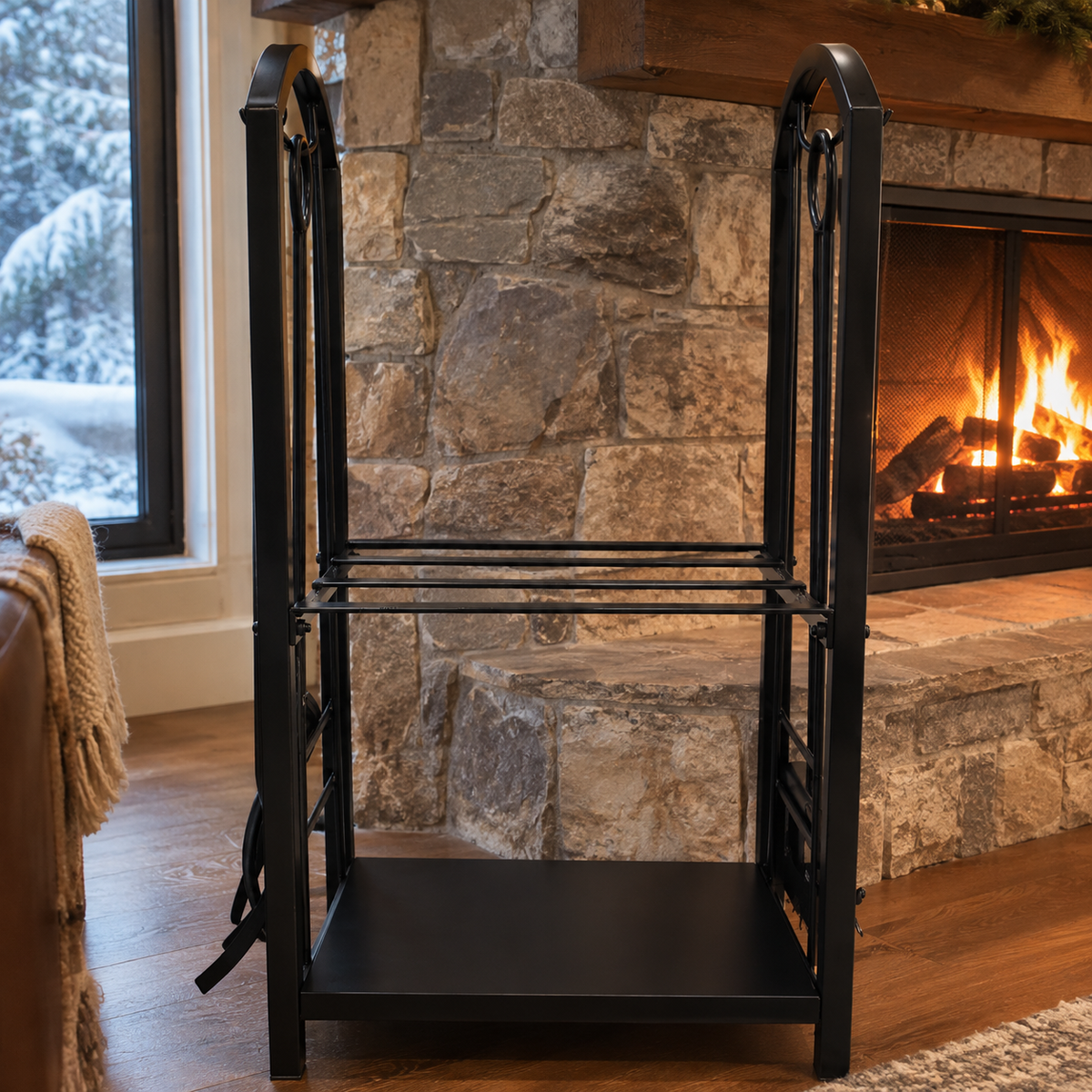 Iron Log Holder with 4-Piece Fireplace Tool Set