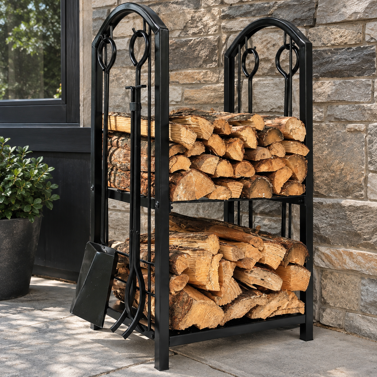 Iron Log Holder with 4-Piece Fireplace Tool Set