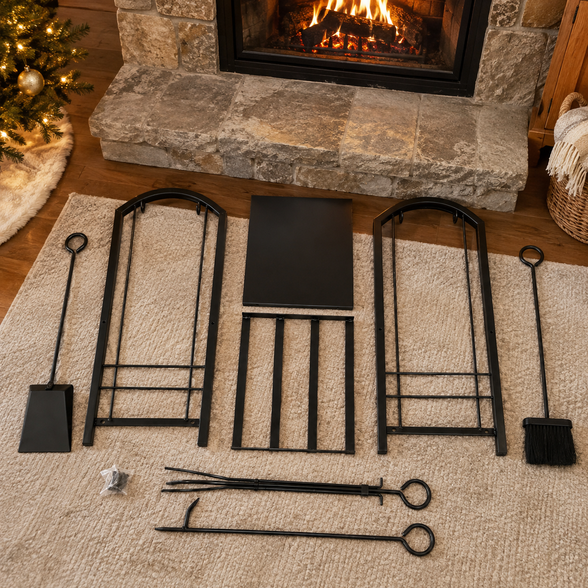 Iron Log Holder with 4-Piece Fireplace Tool Set