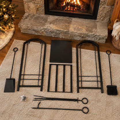 Iron Log Holder with 4-Piece Fireplace Tool Set