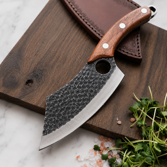Hand-Forged Heavy Meat Cleaver, Leather Sheath