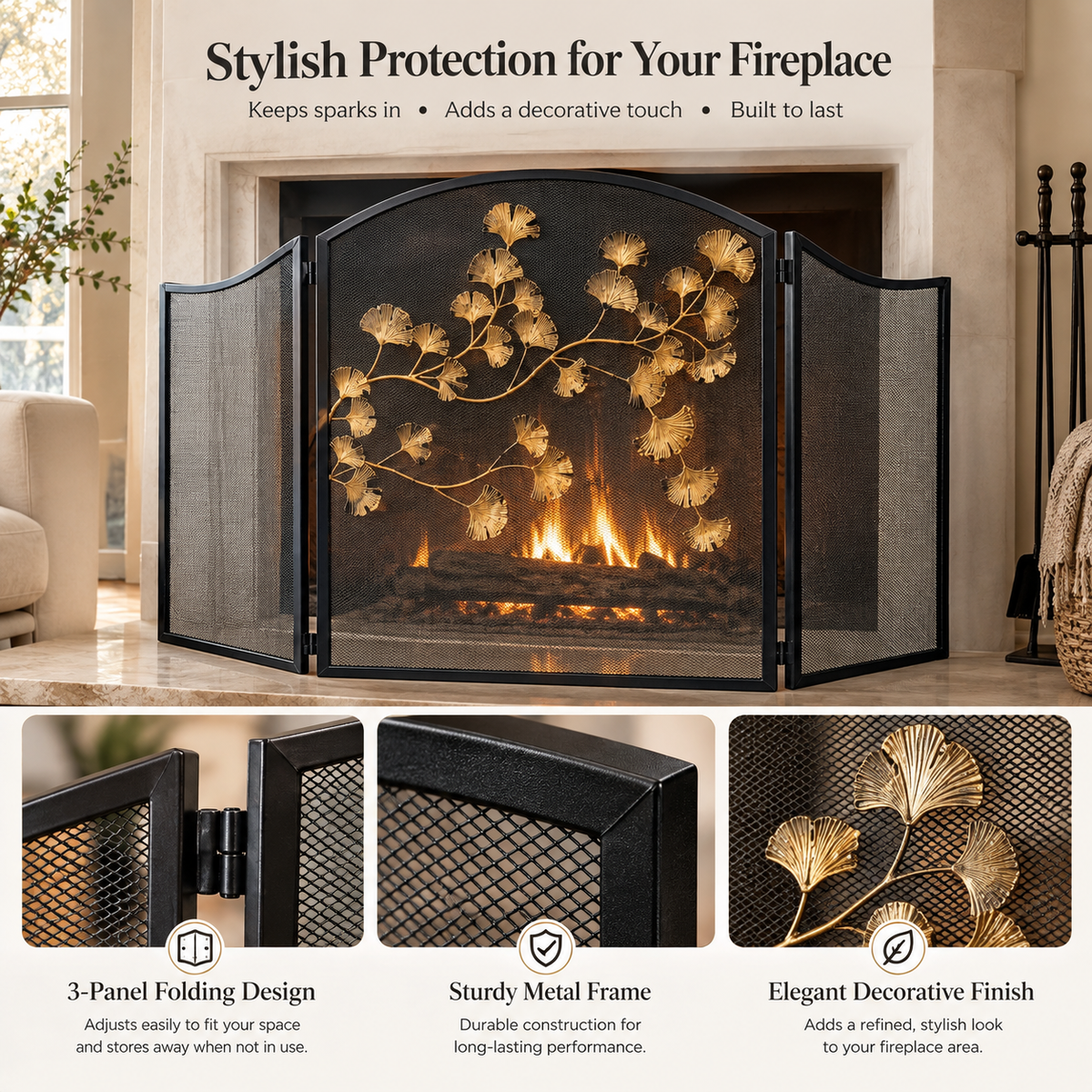 3-Panel Folding Fireplace Screen
