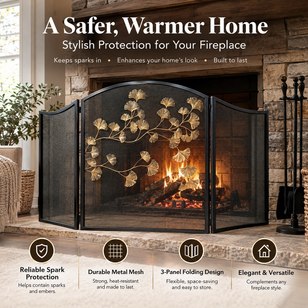 3-Panel Folding Fireplace Screen