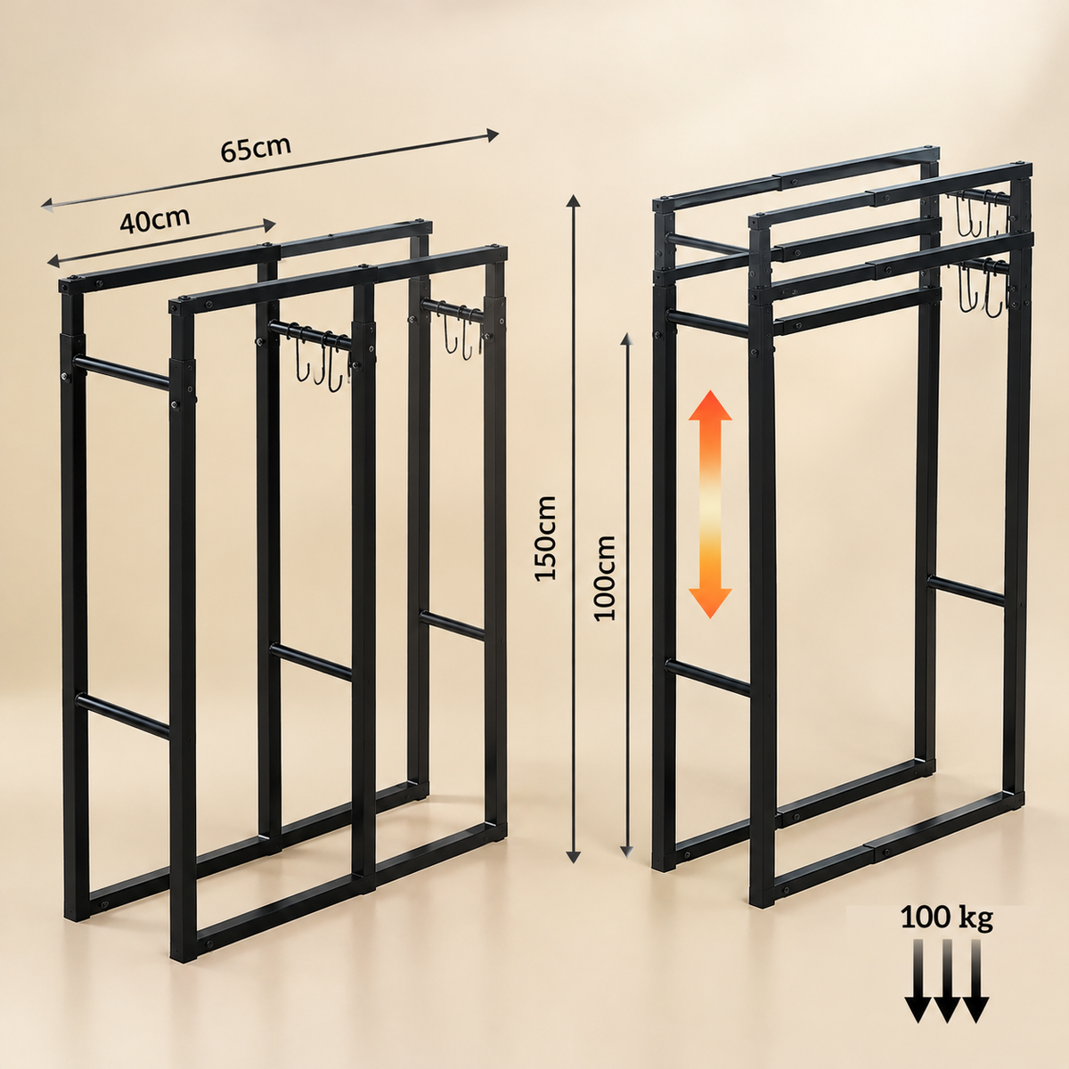 Adjustable Metal Log Rack with Hooks