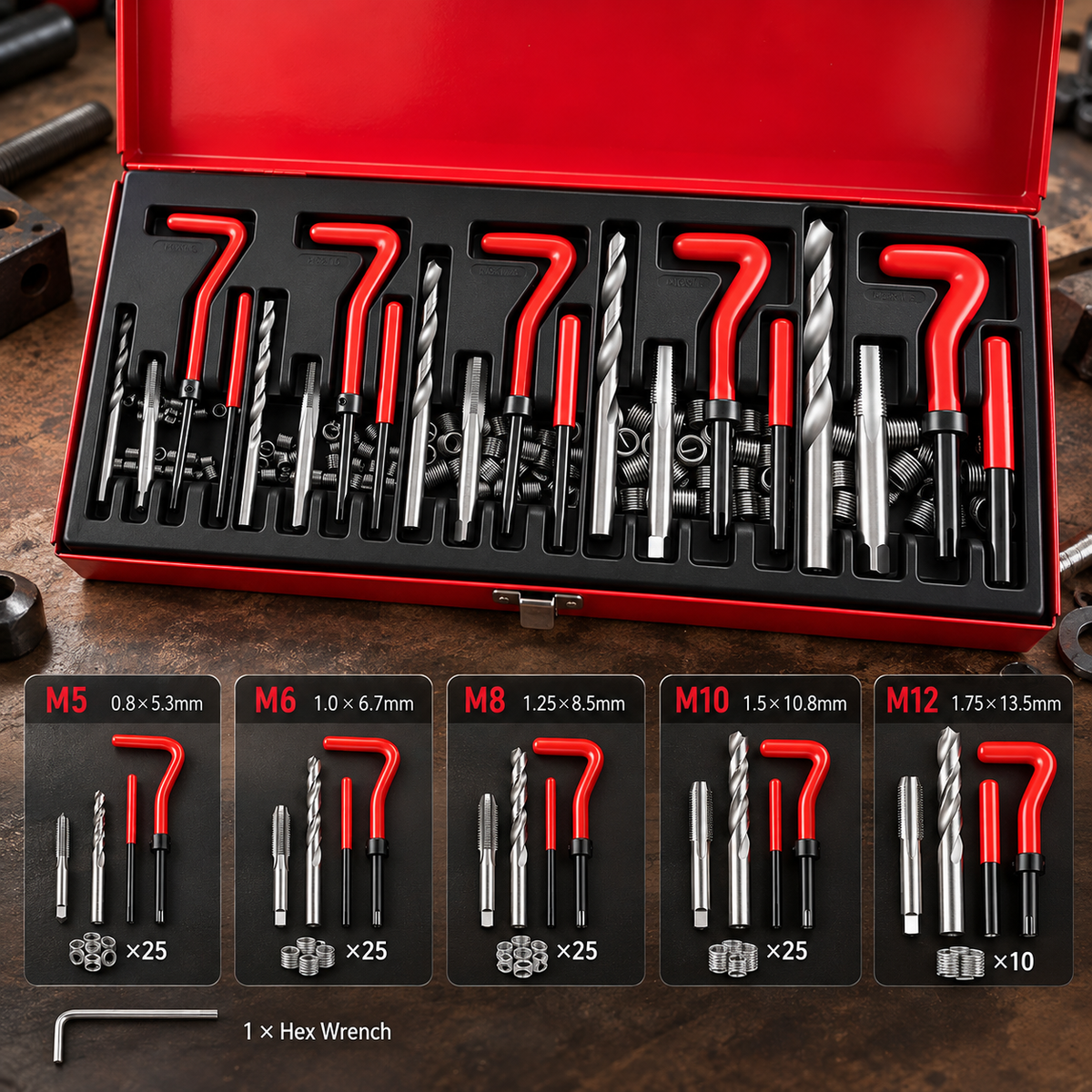 131-Piece Thread Repair Kit (M5–M12)