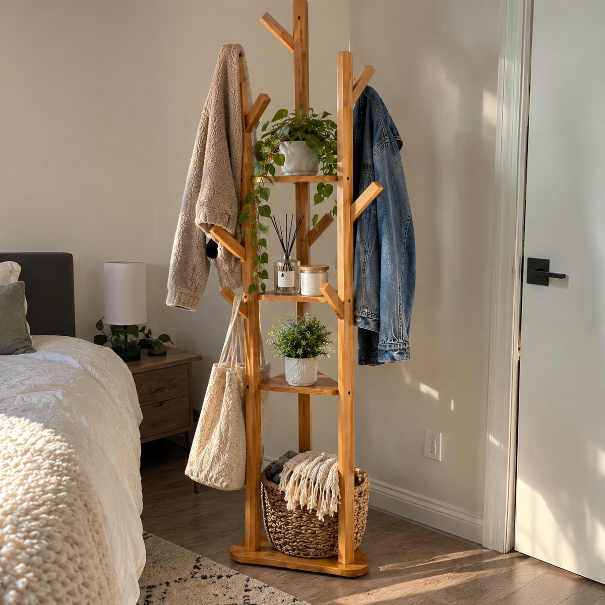 Bamboo Corner Coat Stand (9 Hooks)